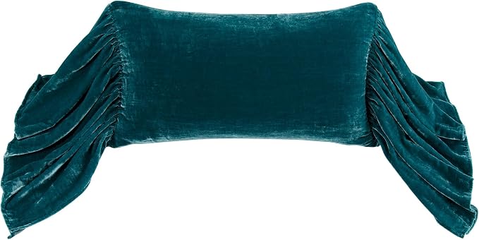 HiEnd Accents Stella Faux Silk Velvet Long Ruffled Pillow, 14x26 inch, Teal, Romantic Western Modern Traditional Style Luxury Bedding, Decorative Throw Pillow