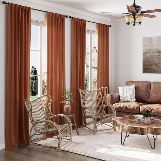 Nanspring Terracotta Linen Curtains 84 Inches Long 2 Panel Set Back Tab Boho Rustic Farmhouse Curtain for Living Room Semi Sheer Light Filtering Luxury Home Decor for Bedroom Dining Room 60x84