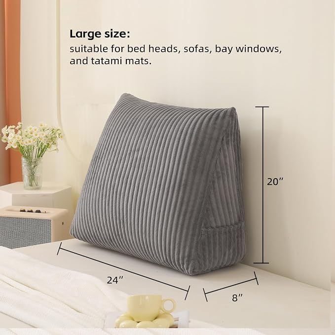 Corduroy Wedge Reading Pillow for Bed, 3 Sizes, 4 Colors for Bed, Sofa, Office Chair (Grey, Large 24 * 20 * 8in)