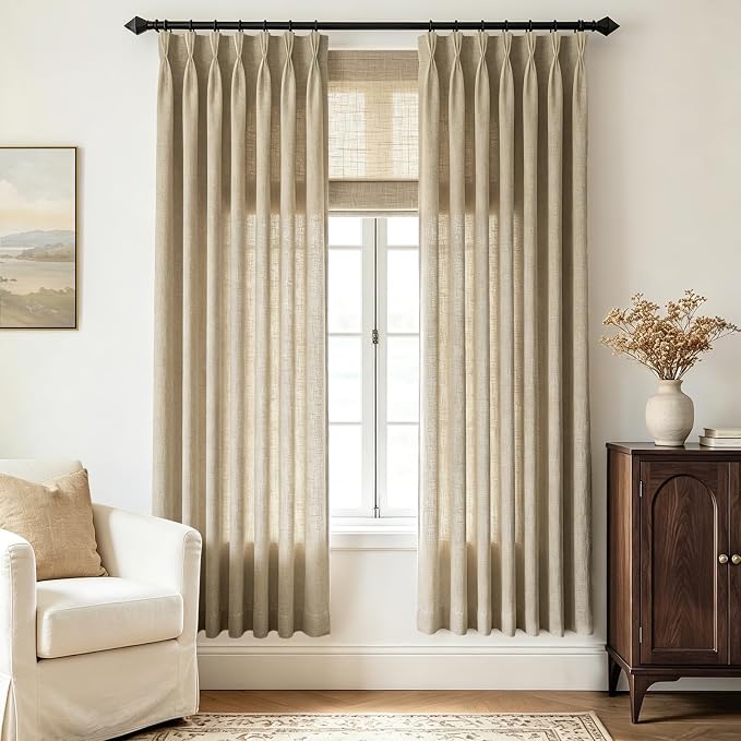 Textured Linen Triple Pinch Pleat Curtains Oatmeal Tan 40W x 72L Classic Light Filtering Semi Sheer Drapes with Clips Hooks for Balcony Small Living Room Boho Casual Home Decor 2 Panels
