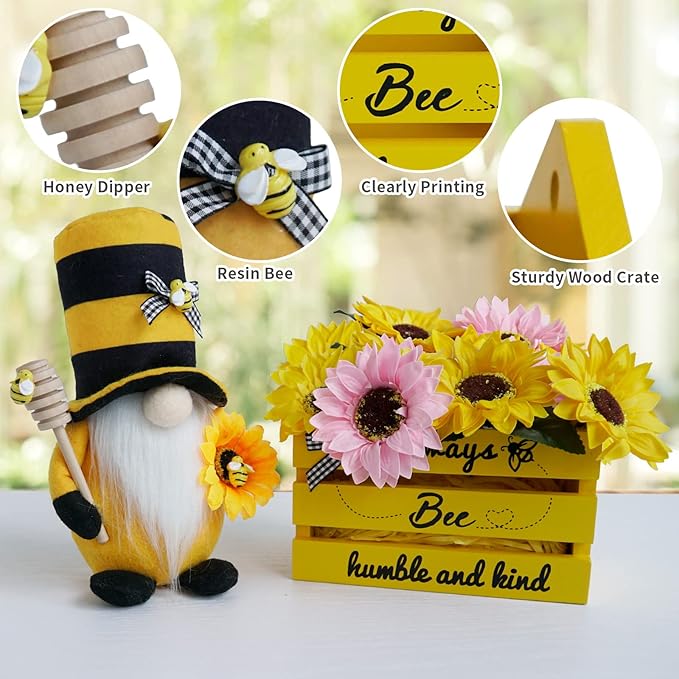 Bee Decor, Wood Bee Crate Decorations, Humble Bee Gnome Plush with Honey Dipper,Rustic Farmhouse Bee Tiered Tray Decor, Mini Wood Crate with Artificial Sunflowers Decor, Summer Decorations for Home