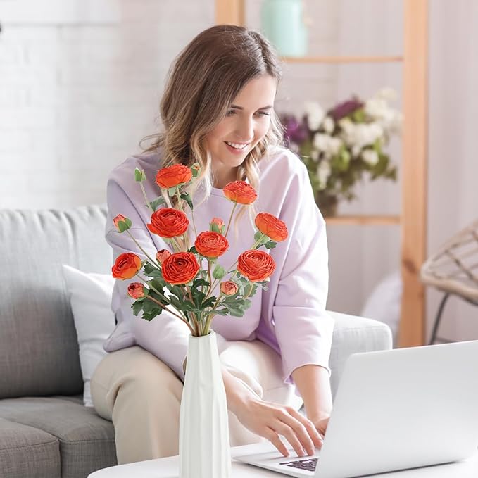 6Pcs Realistic Orange Silk Ranunculus Artificial Flowers Long Stems, 23.6" Tall Fake Flowers Faux Flowers Suit for Year-Round Home Decoration, Wedding, Bridal Bouquets, Office