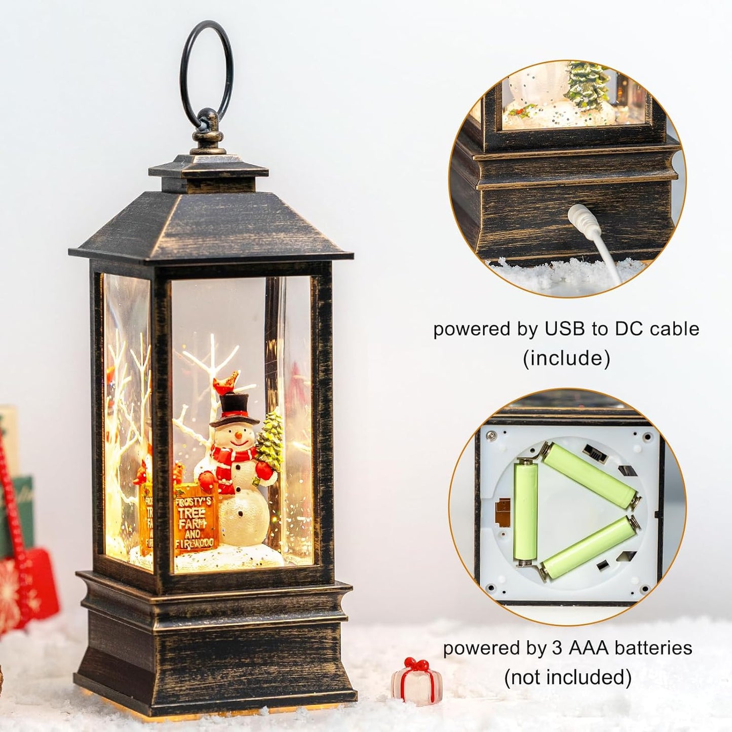 Christmas Snow Globe Lantern Water Glittering Snowman Christmas Tree Crown with Music, USB Lined Operated Lighted Lantern for Christmas Festival Decoration Gifts