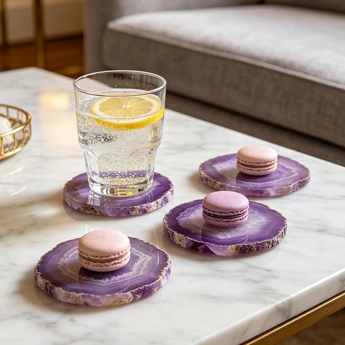 4pcs Agate Coaster for Drinks Purple Irregular Crystal Coasters Dyed with Rubber Bumpers for Coffee Wine or Bar Glasses 4-5"