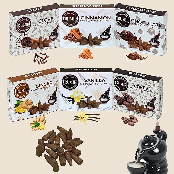 Gourmet - Backflow Incense Cones for Waterfall - Scented Inscents-Cones - Cinnamon, Vanilla, Coffee, Chocolate, Clove, Ginger - Insiensos Aromaticos - 6x10=60 Large Variety Pack