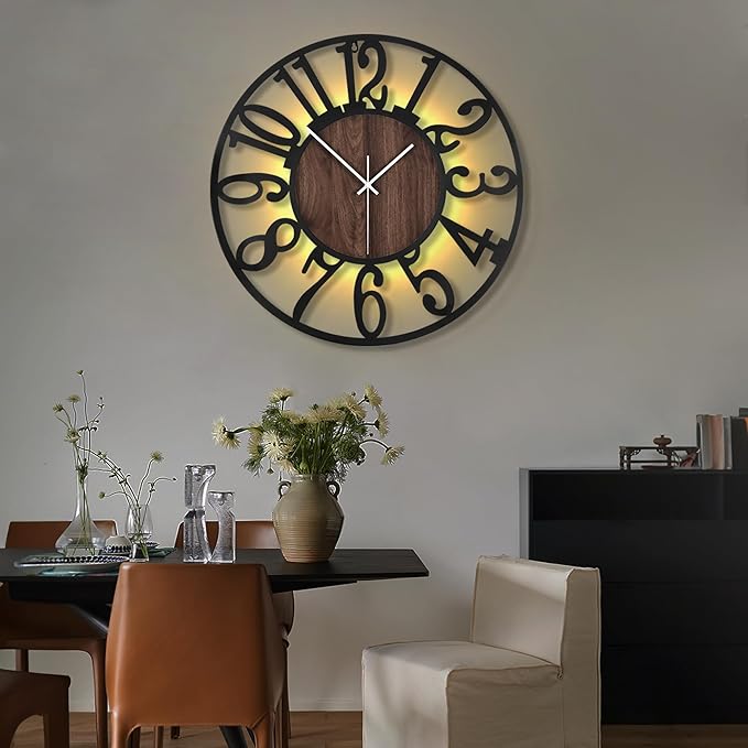 LEIKE Large LED Wall Clocks,Silent,Non Ticking,Battery Operated Rustic Round Modern Big Wood Wall Clock for Living Room, Bedroom,Kitchen,Farmhouse,Office,Home Decor -20" Black,LED,Arabic Number