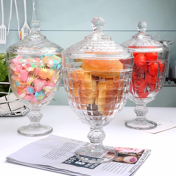 Candy Jars Set of 3,Apothecary Jar with Lid, Crystal Candy Jar, Decorative Footed Jars, Cookie jar, for Buffet,Wedding (27oz)