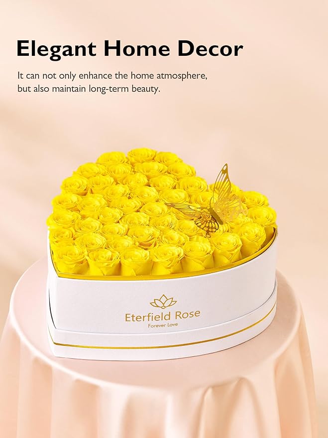 Eterfield 47 Forever Flowers in Heart Shape Box, Preserved Roses That Last a Year Preserved Flowers Birthday Gifts for Her Mom Women Wife Anniversary Valentines Day Mothers Day Christmas, Yellow