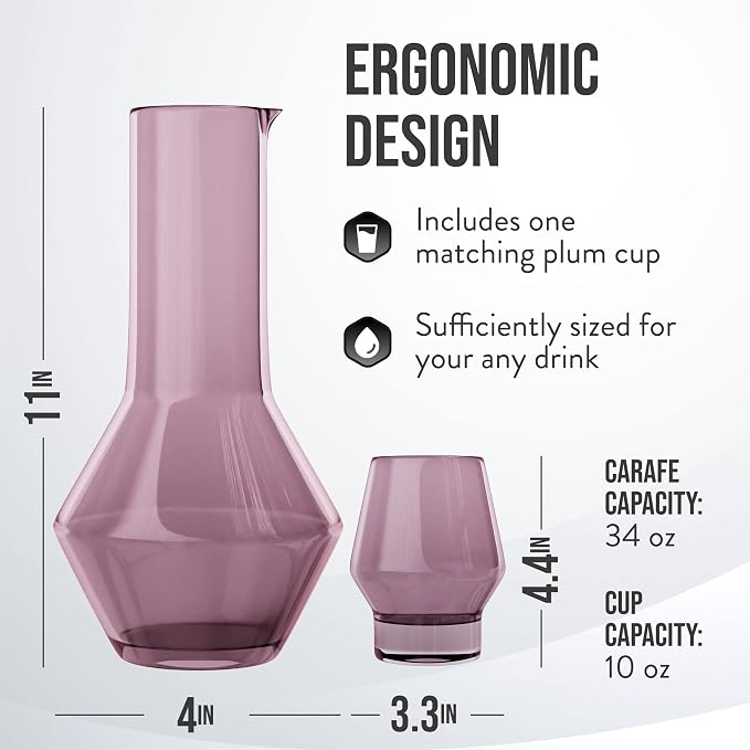 American Atelier Carafe and Glass Set | Water Jug with Matching Tumbler | Easy Pour Spout for No Mess | Use in Office and Kitchen | 43-Ounce Capacity Pitcher | 10-Ounce Tumbler (Plum)
