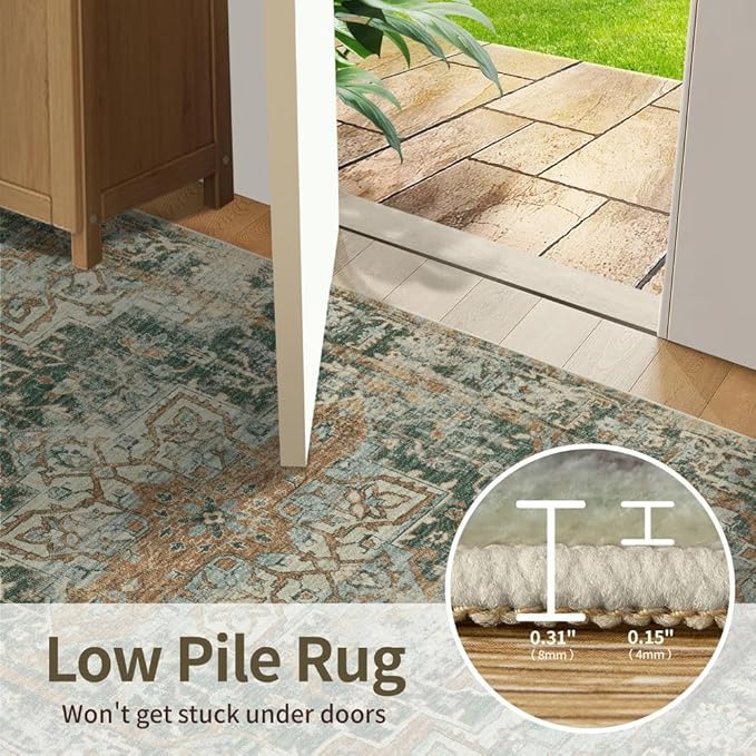 Rugxara 4x6 Rug for Living Room Bedroom, Green Washable Throw Rugs, Vintage Retro Boho Area Rugs, Non Slip & Low Pile Accent Throw Carpet for Indoor Dining Room, Kids Room and Office(Green 4x6ft)