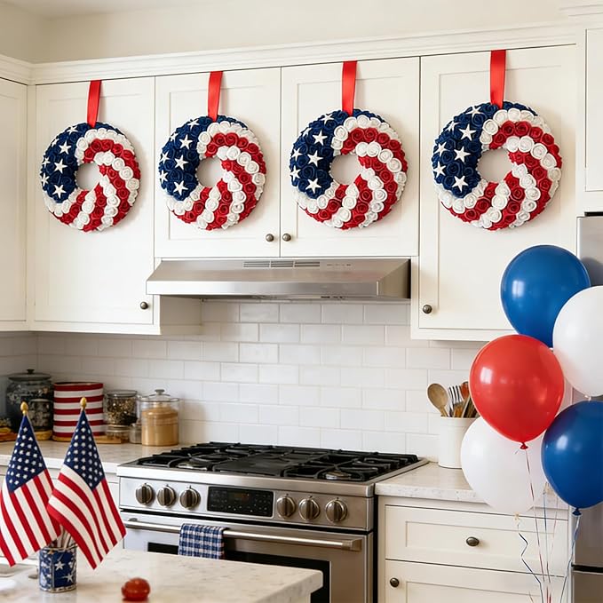 Idyllic 2 Pcs Patriotic Wreaths, 10 Inch 4th of July Decorations with Red White Blue Roses & Stars - Independence Day Wreaths for Front Door, Double Pack Holiday Decor