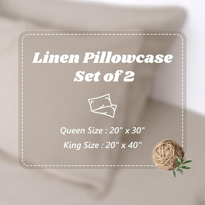 Linen Pillow Cases 100% French Natural Linen Pillowcase Set of 2-Stone Washed Moisture-Absorbing Linen Pillow Shams King Size(20''x40''),Natural Linen