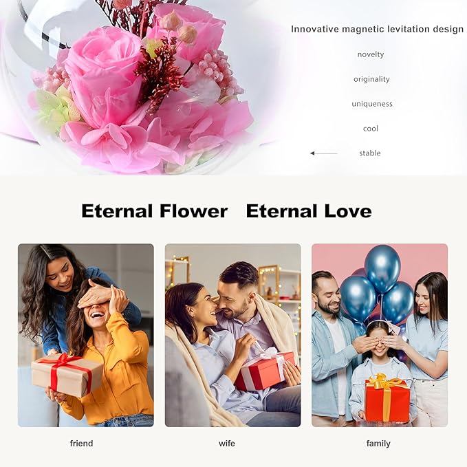 LoveLin,Magnetic Levitation Table Lamp with Bluetooth Speaker,5W Circle Variable Color Led Night Light,Rotate 360° Forever,Romantic Preserved Flowers Lamp for Restaurant Office & Home Decor