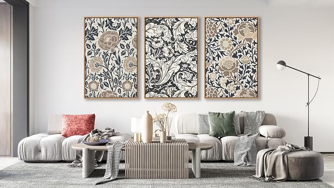 Large Flowers Wall Art for Living Room Natural Wood Float Framed Art Set of 3 William Morris Floral Canvas Pictures Vintage Artwork Botanical Canvas Poster Prints for Bedroom Wall Decor 32"X48"X3