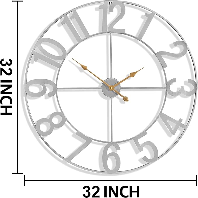 Sorbus Large Wall Clock for Living Room Decor - Wall Clock for Kitchen - 32 inch Big Wall Clock Decorative - Metal Wall Art - Analog Large Clock for Bedroom, Home, Kitchen, Office, Wall Decor (Silver)