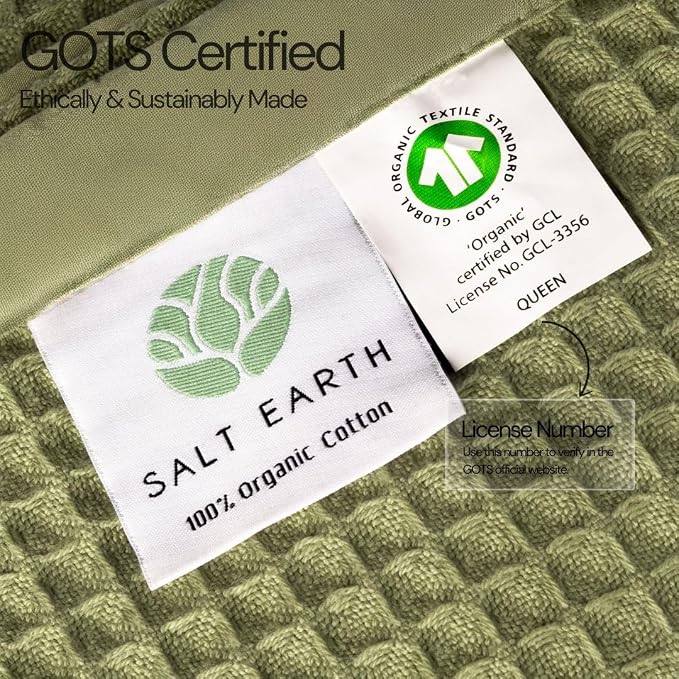Salt Earth GOTS Certified 100% Organic Cotton Waffle Throw Blanket, 55"x60", Mosstone