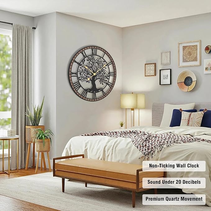 Micasso Vintage Oversize Wall Clock: 38Inch Farmhouse Tree of Life Metal with Wood Frame - Rustic Battery Operated Wall Clocks for Fireplace/Living Room/High-Ceiling - Home Decor for Homemakers