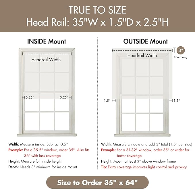 Madison Park Kyler Cordless Roman Shades - Single Panel, Lightweight Linen Blend Fabric, Natural Design, Easy Installation, Light Filtering Window Blind, Bedroom, Living Room Decor 35"W x 64"H Natural