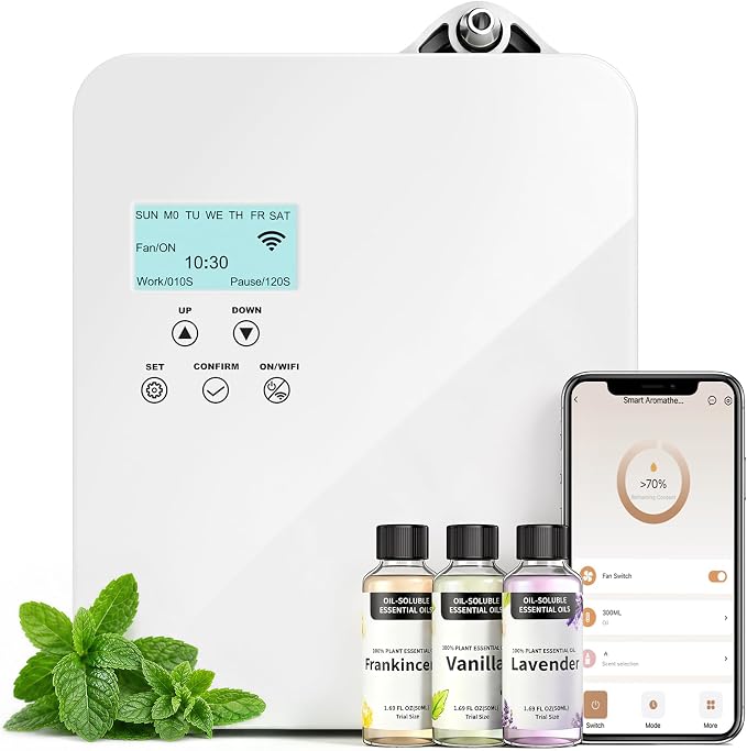 Smart Scent Diffuser HVAC Systems - 3500 Sq.Ft Whole-Home Coverage for Hotel & Home Aroma, 300mL Waterless Cold Air Oil Diffuser with App & Touchscreen Control (White)