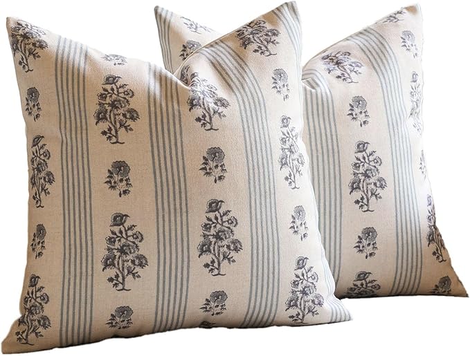 Amor Virisso Floral Throw Pillow Covers 18x18 Set of 2 Block Print Pillow Covers Neutral Floral Striped Farmhouse Decorative Pillow Covers for Sofa Couch Bed, Light Blue