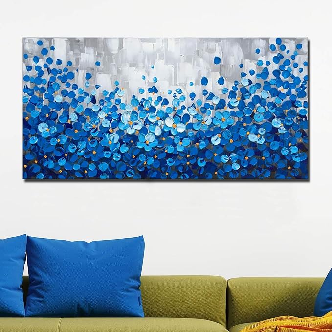 Blue Flower Canvas Wall Art 40x20 inch - Hand Painted Textured Oil Painting, Modern Framed Home Decor, Ready to Hang for Living Room, Bedroom, Office