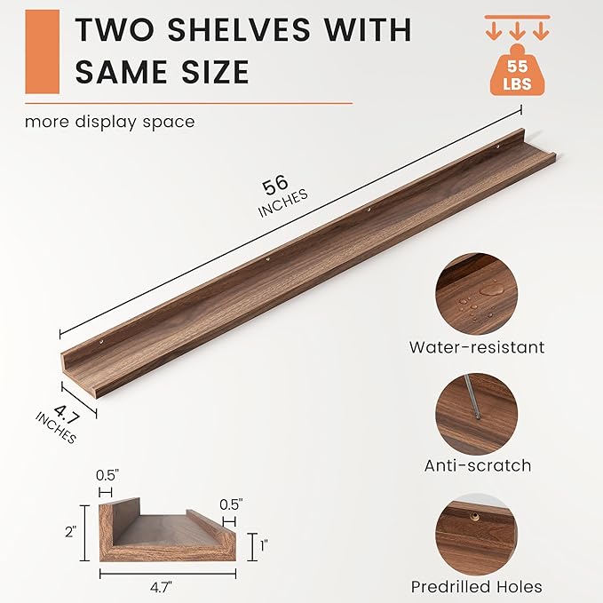 FLYJOE Picture Ledge Shelf, Floating Shelves Set of 2, 56 Inches Long Large Nursery Book Shelves for Toys Storage, Kids Bookshelf Wall Mounted for Living Room Bedroom Decor Books Photo Frames, Walnut