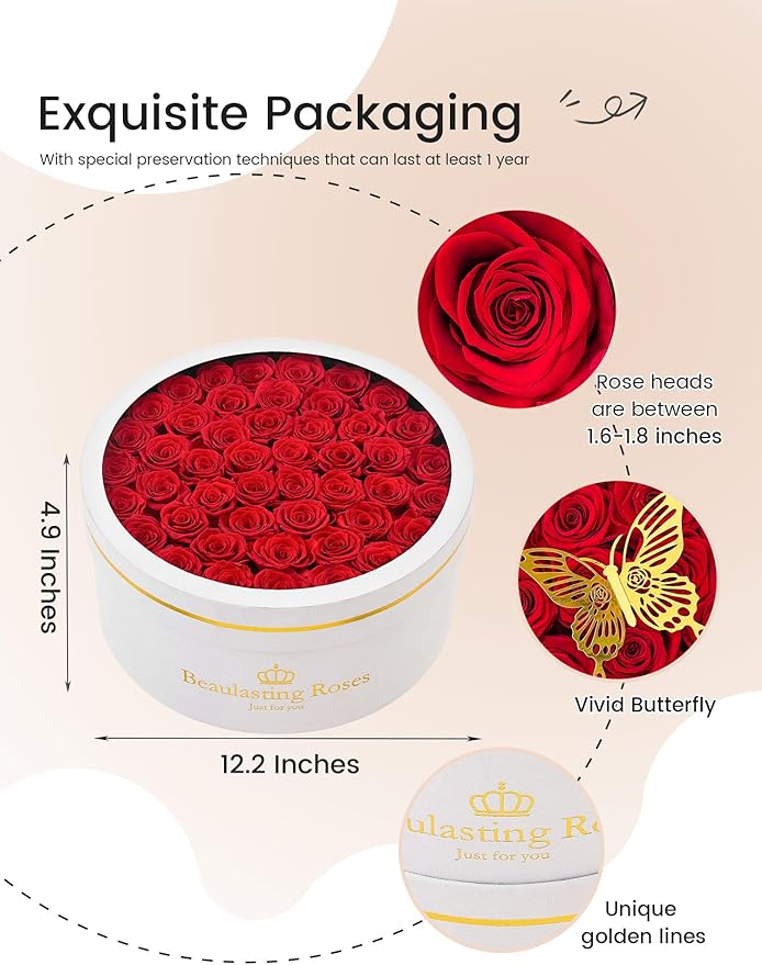 47 Preserved Roses Forever Flowers Real Roses in a Box Mother's Day Birthday Flowers for Her Mom Women Wife Valentine's Day, Red Roses