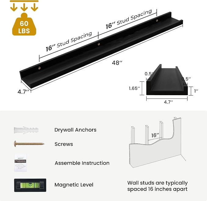 Acovy Solid Ash Wood Floating Shelves, 48 Inch, Black, Set of 2 | Wood Picture Ledge, Wall Mounted, For Living Room Kids' Bedroom Nursery, Large Photo Ledge