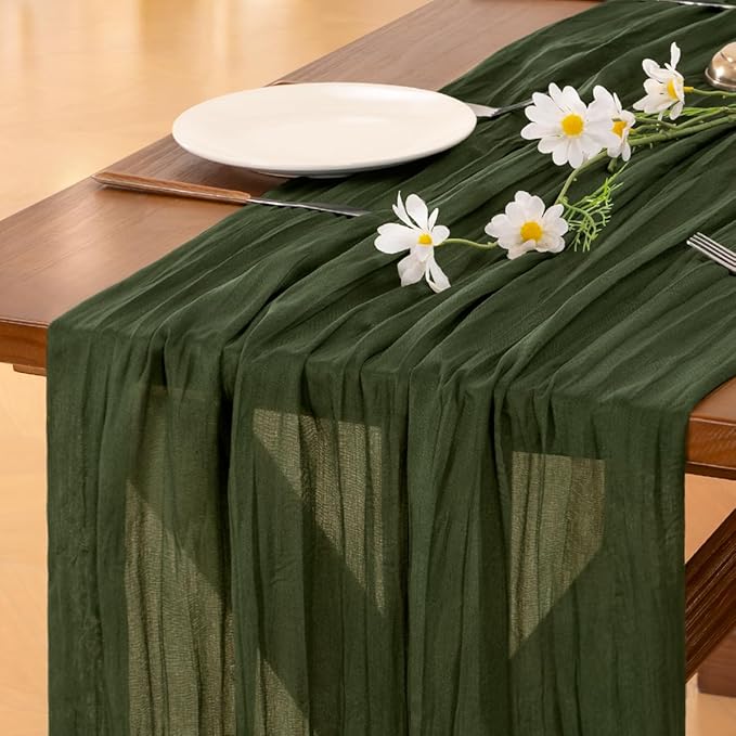 Socomi 10pcs Olive Green Cheesecloth Table Runner Boho Rustic Gauze 120 inch 10FT Cheese Cloth Runner for Wedding Party Baby Shower Birthday Home Decor Holiday Decorations