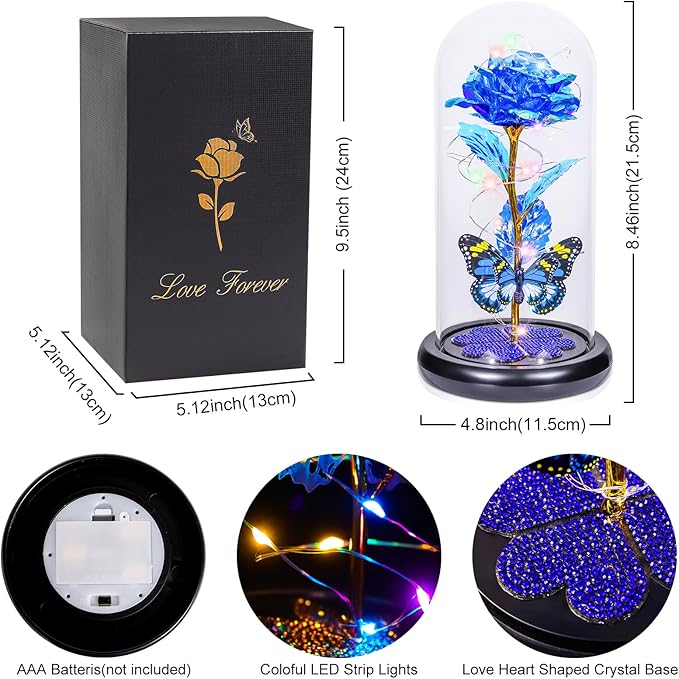 Mothers Day Mom Gifts for Mom Birthday Gift for Women Galaxy Glass Rose in Glass Dome Forever Eternal Crystal Flower with Butterfly Mother's Day Flowers Gifts for Wife Daughter Grandma Sister Blue