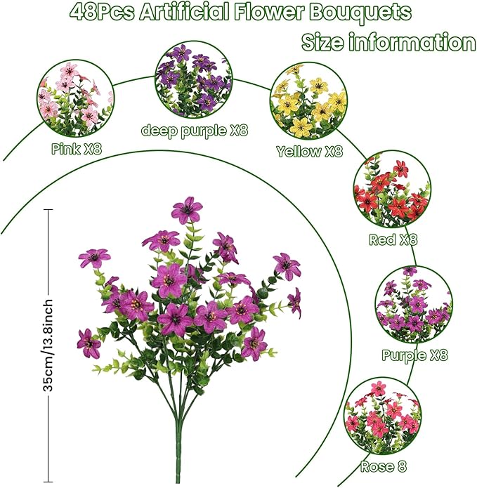 SHareconn 48 Bundles Artificial Flowers for Outdoors Spring Decoration, Fake Silk Realistic Faux Plants UV Resistant for Outside Planter Porch Patio Indoor Decor, RedRosePurpleYellowPinkDeeppurple