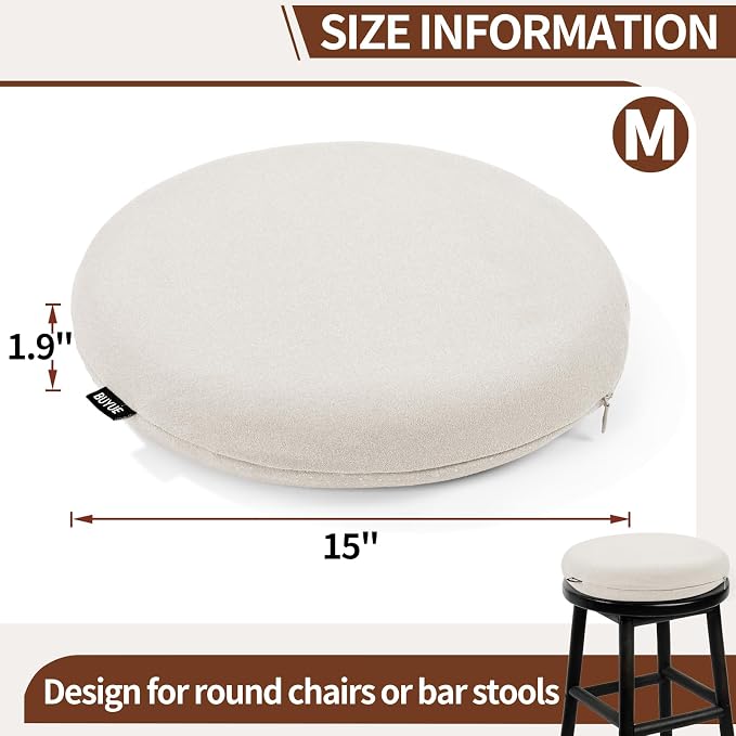 BUYUE Memory Foam Seat Cushion, Dia 15" Soft Velvet Round Stool Cushion Anti-Slip Chair Pads, M, Light Grey
