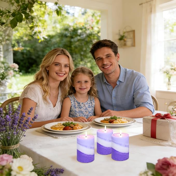 Lavender Scented Pillar Candles, Purple and White Striped, 3x4 Inch, 100% Cotton Core Handmade Paraffin Wax Candles for Bathroom Living Room Home Decor, Set of 3