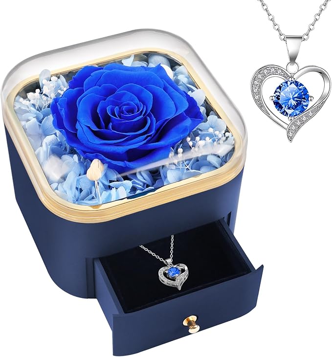 Beferr Gifts for Mom Preserved Real Blue Rose with Necklace Eternal Roses Forever Flowers for Delivery Christmas Anniversary Birthday Mothers Day Flower for Women Her Grandma Wife Daughter Girlfriend