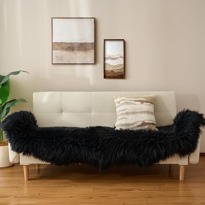 Premium Genuine Sheepskin Area Ruge - Real Wool Fur Shaggy Carpet | Fluffy Soft Natural Lambskin Rug Seat Chair Covers for Couch Sofa Bedroom Living Room(Black,2×6 Feet Sheepskin)