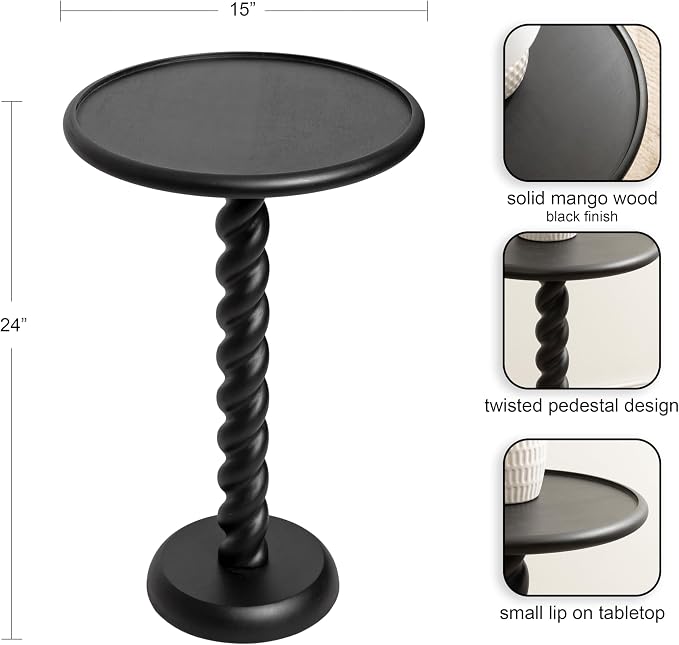 Kate and Laurel Willoughby Modern Wooden Spiraled Round Side Table, 15 x 15 x 24, Black, Accent Pedestal End Table with Turned Base for Use as Indoor Plant Stand or Bedroom Nightstand Option