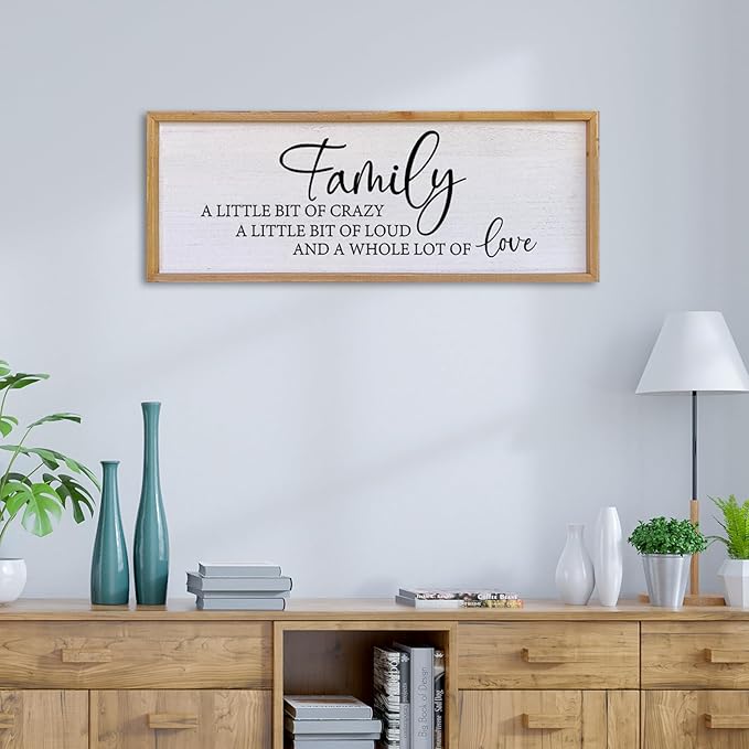 Family A Little Bit Of Crazy Sign Wall Decor 32"×12" Rustic Farmhouse Living Room Large Soild Wood Framed Hallway Hanging Sign Aesthetic Inspirational Quotes Entryway Home Wall Art (Wood)