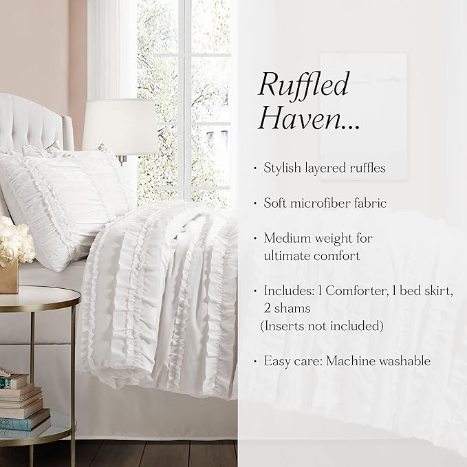 Lush Decor Belle 4 Piece Ruffled Shabby Chic White Comforter Set with Bed Skirt and 2 Pillow Shams - Queen Comforter Set