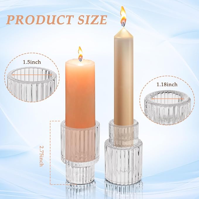 48 Pack Glass Taper Candle Holders, Clear Ribbed Candlestick Holders Bulk, Small Thick Glass Candle Stick Holders for Wedding Table Centerpieces, Party Favors, Christmas Dining Decor (48)