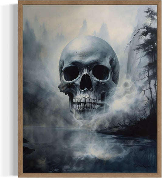 Foggy Skull Poster Art Print, Halloween Scary Vintage Wall Art Academia Spooky Painting Decoration for Horror Prints, Gothic Posters Bedroom Decor 89 (Foggy Skull, 8 x 10 inches, Wood Frame)