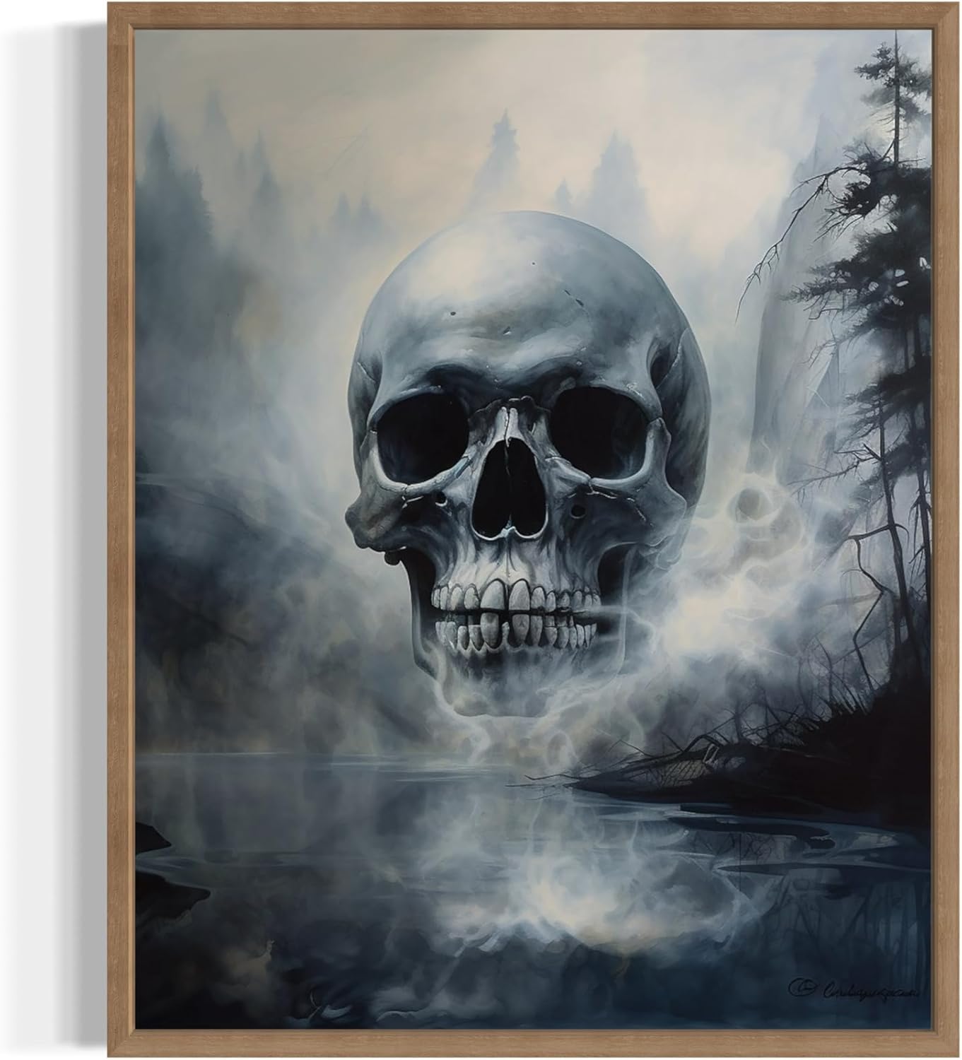 Foggy Skull Poster Art Print, Halloween Scary Vintage Wall Art Academia Spooky Painting Decoration for Horror Prints, Gothic Posters Bedroom Decor 89 (Foggy Skull, 16 x 20 inches, Wood Frame)