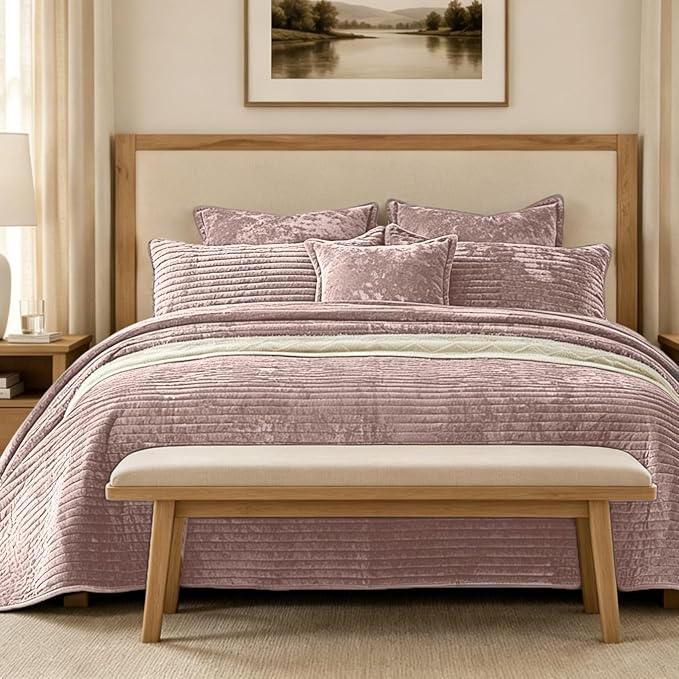 Luxury Velvet California King 106x118 in Quilt Set 3 Piece Quilted Bedspread with 2Pillow Shams(20x36) Ultra Soft Coverlet All Season Bedding for Farmhouse Modern Bedroom Sofa,Pink