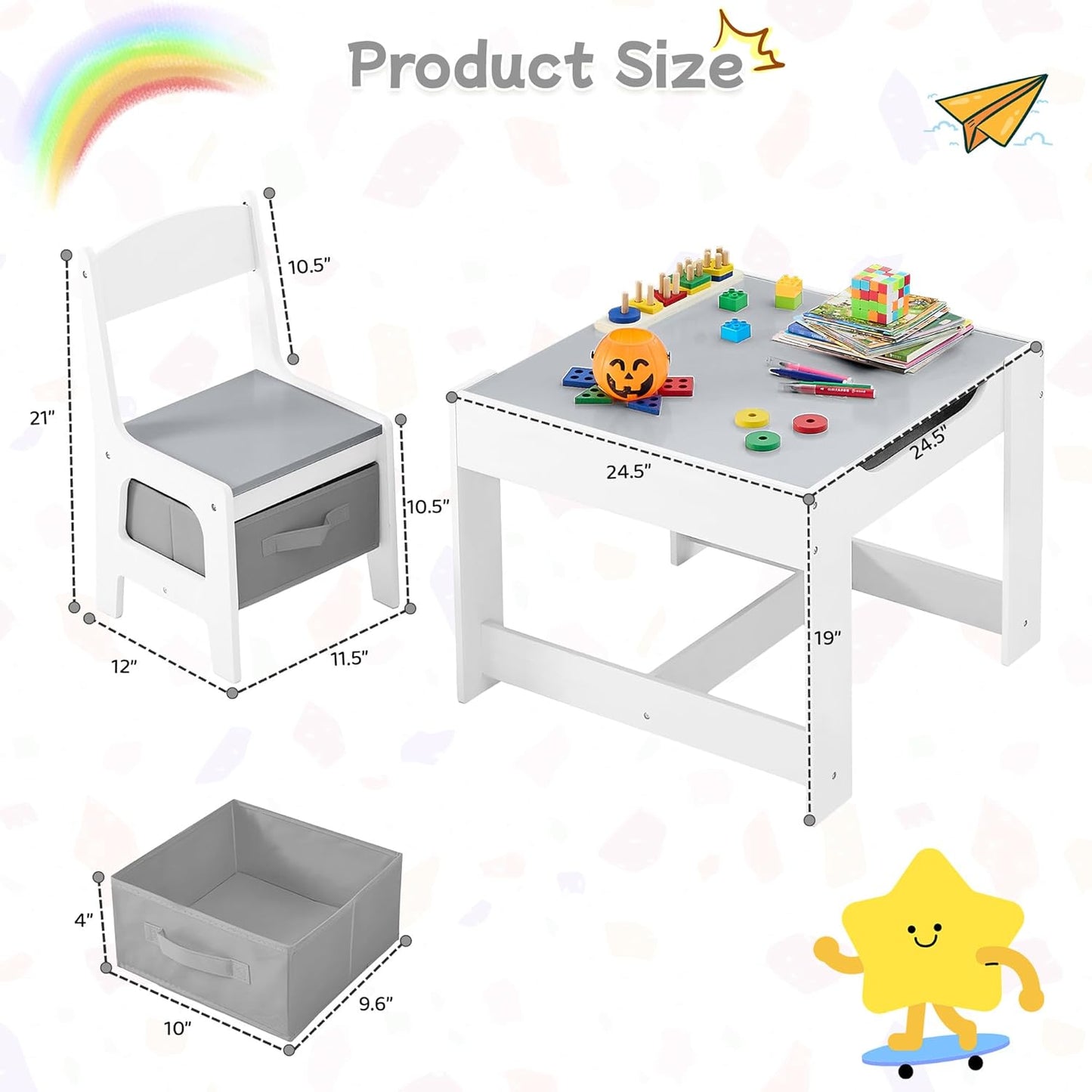 Kids Table and Chair Set, 3 in 1 Wooden Activity Table with Detachable Tabletop, Toddler Table and Chair Set with Storage Drawer, Kids Play Table for Children Art, Craft, Eating, Learning