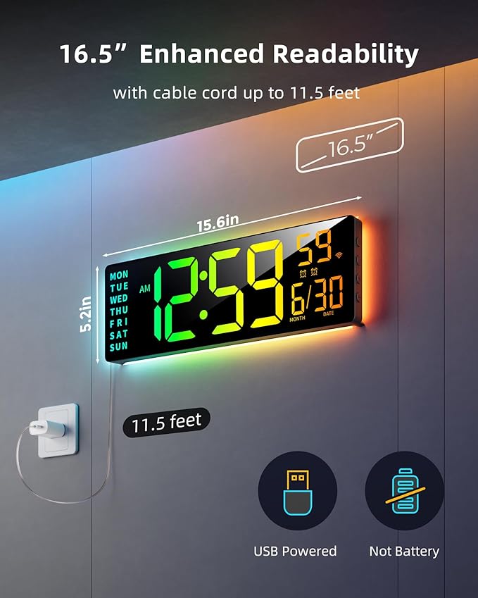 EASYERA Smart Digital Wall Clock with App Control, 16.5” Large RGBIC Wall Clock with Multiple DIY Color and Music Sync, LED Display, Auto DST, Plug-in Clocks for Classroom Home Gym Gaming