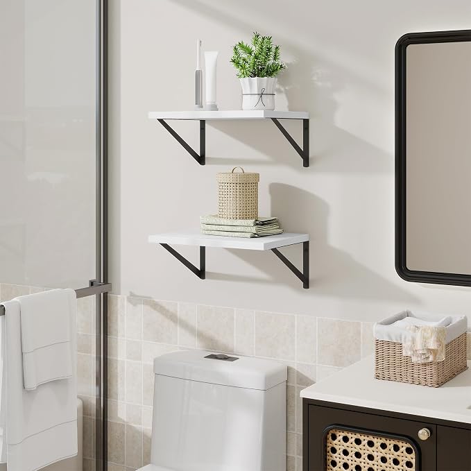 Acovy Deep Floating Shelves,16" Wx10 D Floating Shelves for Wall Set of 2,Heavy Duty Wood Floating Shelf with Metal Bracket,Wall Mounted Hanging Shelf for Living Room Bedroom Bathroom Kitchen,White