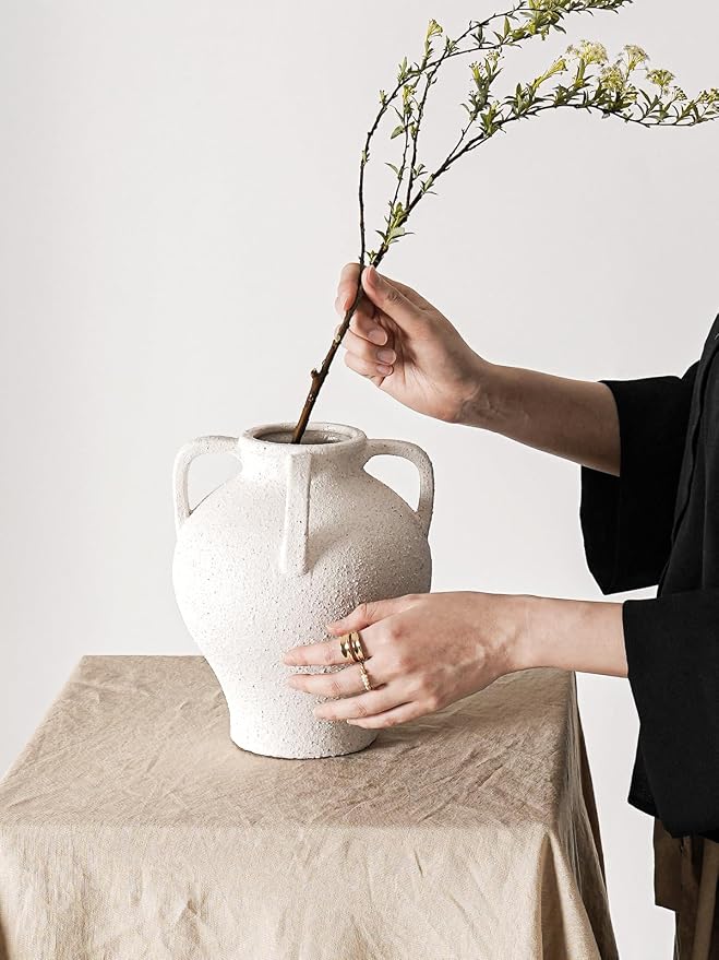 White Ceramic Vase with 4 Handles, 8.8" Rustic Farmhouse Centerpiece - Decorative Flower Vase for Living Room, Table, Bookshelf, Mantel, Entryway & Wedding Home Decor (Rock Sand White)