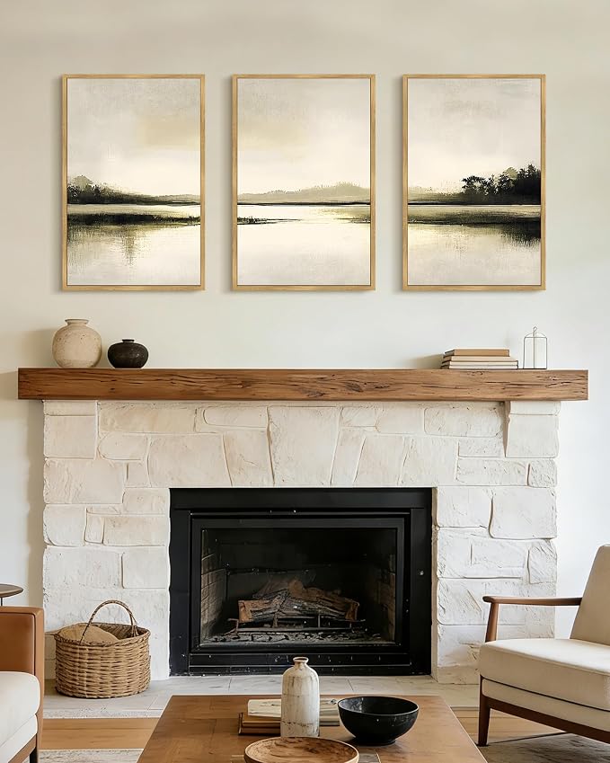 PHOPAGO Abstract Lake Landscape Framed Wall Art Large 16x24in Watercolor Nature Wilderness Paints Nordic Neutral Tan Illustration Decorative - Natural Framed