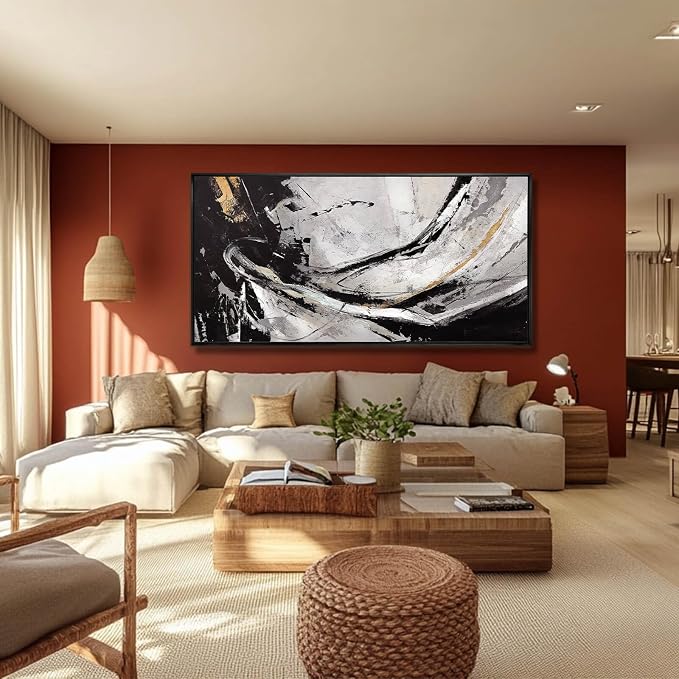Home Decor Black and White Abstract Painting for Office Bedroom Decorations Framed Canvas Wall Prints Gold Pictures Wall Art for Home 29"x 58"