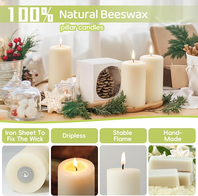 Beeswax Pillar Candles,86 Hours Long Burning,Ivory White Unscented Pure Bees Wax Candles for Home,Prayer,Dripless Smokeless Organic 100% Beeswax Candles Bulk 2x4in-2pack