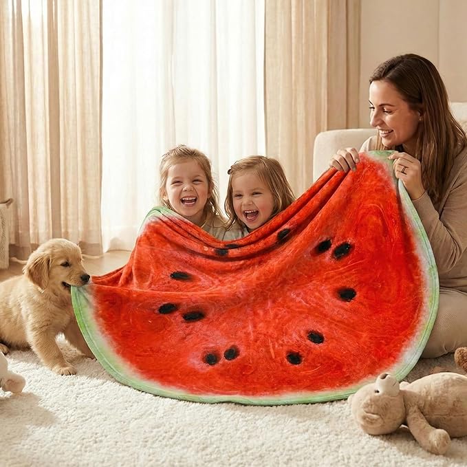 Vessia Watermelon Printed Throw Blanket, 60 inches Realistic Funny Round Food Blanket for Adults and Kids, 300GSM Novelty Fruits Throw for Couch, Sofa, Bed, Fun Home Decor for All Seasons